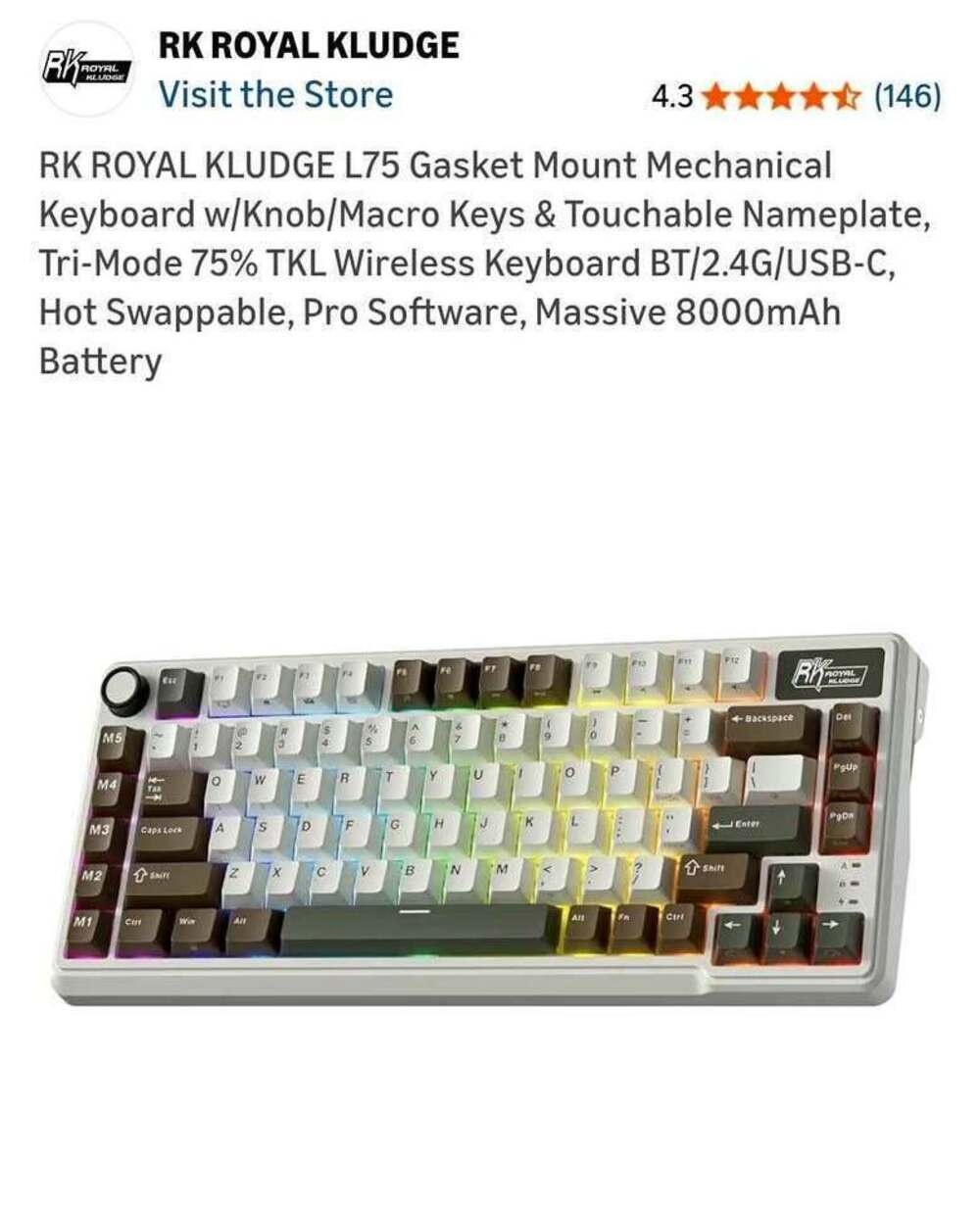 RK ROYAL KLUDGE L75 Gasket Mount Mechanical Keyboard w/Knob/Macro Keys & Touchab